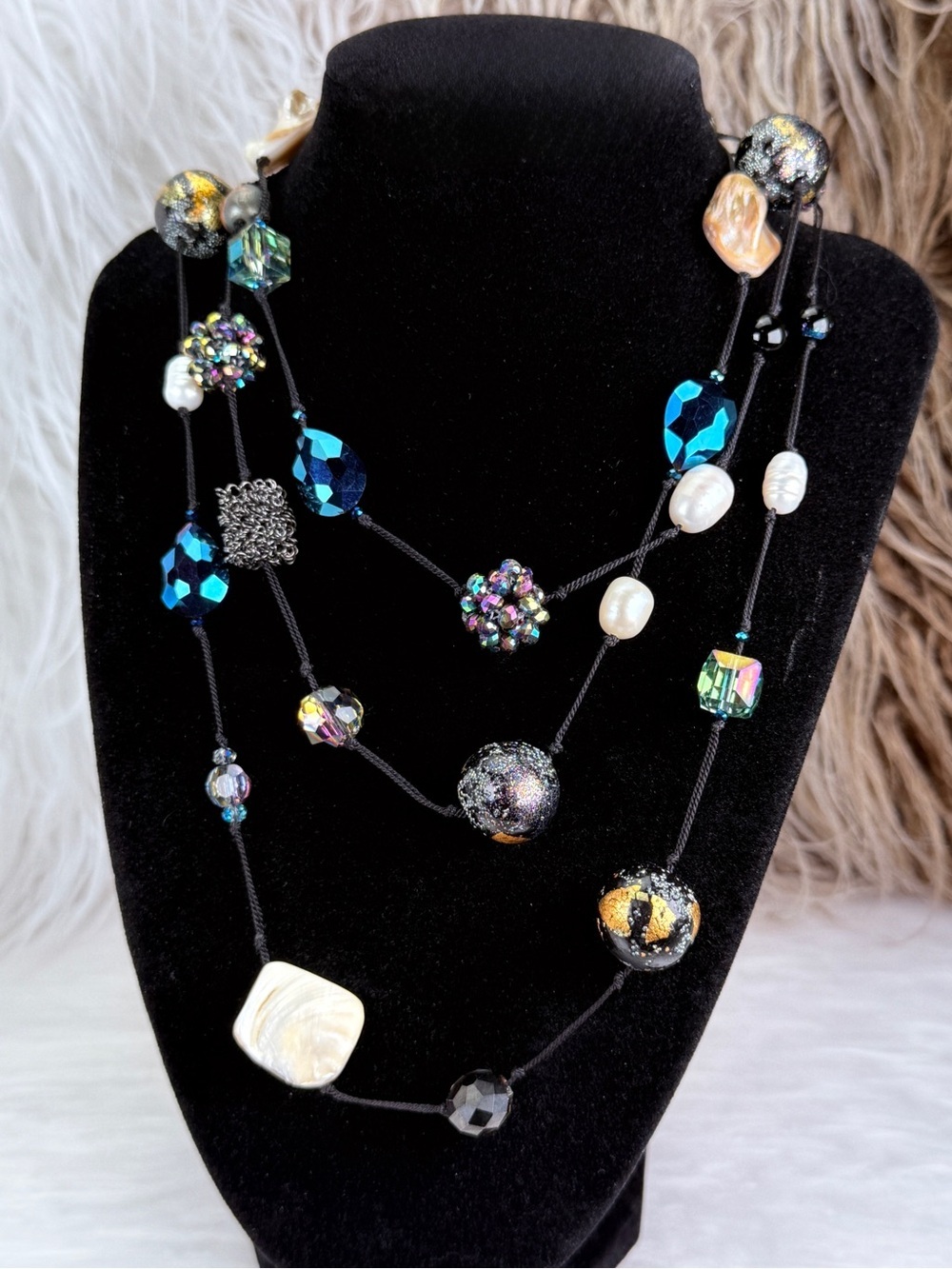 Vintage Long Artisan Beaded Statement Necklace Black Cord